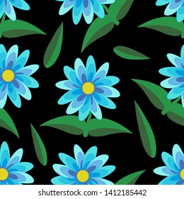 Seamless pattern of blue flowers and green leaves on black background