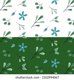 Seamless pattern. Blue Flowers and green leaves.
