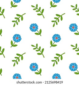 Patrón sin foco con flores azules y ramas verdes sobre un fondo blanco. Ilustración minimalista de primavera para el embalaje, la ropa de bebé y los textiles. Delicados y lindos días