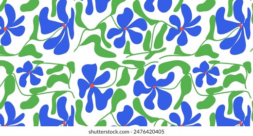Seamless pattern with blue flowers, groovy, modern flat fabric.