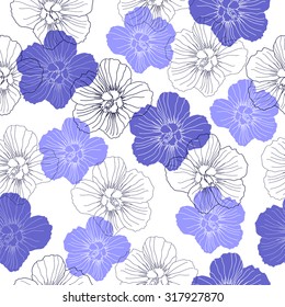 Seamless pattern with blue flowers. Hand drawn floral background. Artwork for textiles, fabrics, souvenirs, packaging and greeting cards.