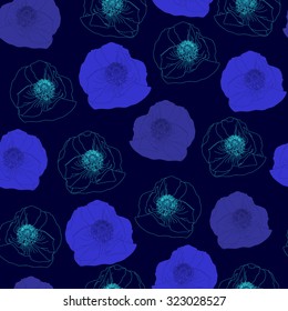 Seamless pattern with blue flowers. Hand drawn floral background. Artwork for textiles, fabrics, souvenirs, packaging and greeting cards.