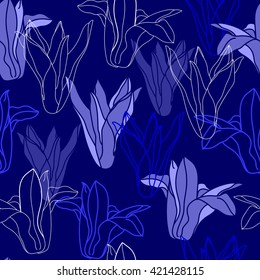 Seamless pattern with blue flowers. Hand drawn floral texture.