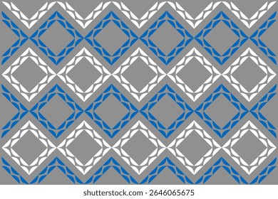seamless pattern with blue flowers. Indonesian ethnic style batik background with a repeating blue and white floral diamond motif on grey. Floral background design art
