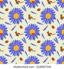 Seamless pattern, blue flowers and ladybugs on a light background. Vector illustration, flat design, hand drawn cartoon.
