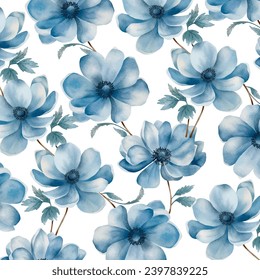 Seamless pattern of blue flowers with leaf background template. Vector. Fabric design, wrapping paper, flower shop banner