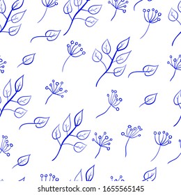 Patrón inoxidable con flores azules y hojas sobre un fondo blanco. Apropiado para tela, papel de envoltura, papel pintado, bolsas, ropa, vajilla, estuches en smartphones y tabletas, carteras.