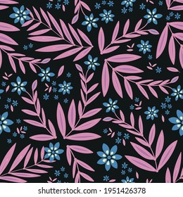 Seamless pattern with blue flowers and leaves on black background. Vector illustration.