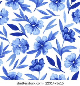 Seamless pattern with blue flowers and leaves in watercolor style for wedding invitations, greeting cards and fabric