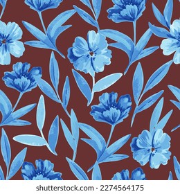 Seamless pattern with blue flowers and leaves in watercolor style for wedding invitations, greeting cards and fabric
