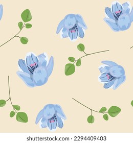 Seamless pattern with blue flowers and leaves. For textile, paper, wrapping paper, packaging.

