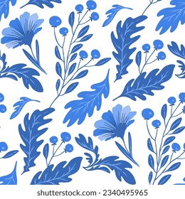 seamless pattern blue flowers, leaves and branches