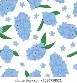 Seamless pattern with blue flowers and leaves. Vector flat background with forget me not flowers buds and petals. Spring botanical illustration