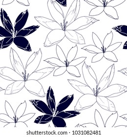 Seamless pattern with blue flowers on a white background. Hand drawn floral texture.