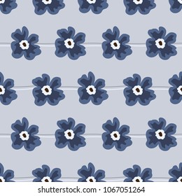 Seamless pattern with blue flowers on a gray background. It can be used for packing of gifts, registration of notebooks, diaries, tiles fabrics backgrounds. Vector illustration.