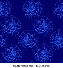 Seamless pattern of blue flowers on a blue background.