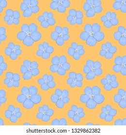 Seamless pattern with blue flowers on yellow background. Floral summer background. Vector illustration.