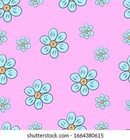 Seamless pattern with blue flowers on a pink background. Use for fabric, wrapping paper, wallpaper, print, backdrops, baby clothes, napkins, bags, merchandise, clothing, and artwork.