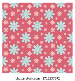 Seamless pattern of blue flowers on a red background.Tile pattern.