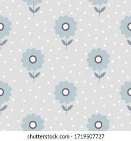 Seamless pattern with blue flowers on gray background.