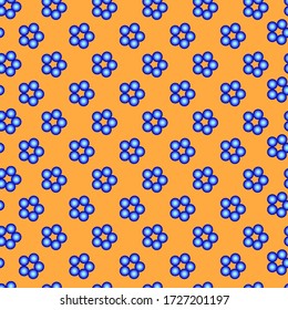 Patrón sin foco con flores azules sobre un fondo naranja. Uso para tela, papel de envoltura, papel pintado, impresión, fondo, ropa de bebé, servilletas.