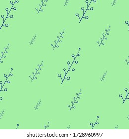 Seamless pattern with blue flowers on a green background. Use for fabric, wrapping paper, wallpaper, print, backdrops, napkins, bags, merchandise, clothing, and artwork.