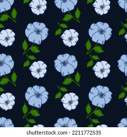 Seamless pattern of blue flowers on dark blue background