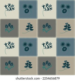 Seamless pattern of blue flowers on pieces of fabric sewn together. Vector illustration. Blue, gray, white patches of fabric with blue flowers