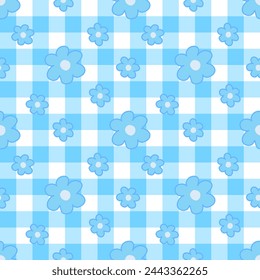 seamless pattern with blue flowers on blue plaid background 