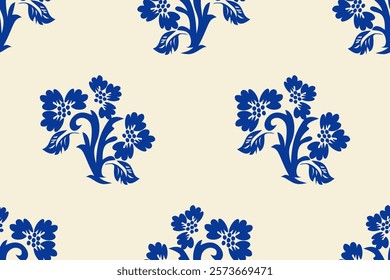 Seamless pattern with blue flowers on a beige background.geometric ethnic oriental pattern traditional.Aztec-style abstract damask illustration.baroque, hand-drawn pattern. Design for texture,fabric.