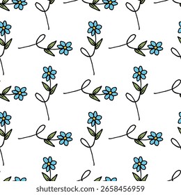 Seamless pattern with blue flowers on white background. Vector image.