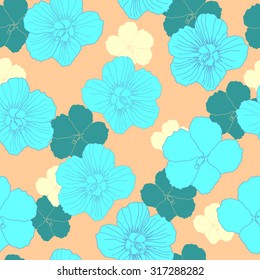 Seamless pattern with blue flowers on a beige background. Hand drawn artwork for textiles, fabrics, souvenirs, packaging and greeting cards.
