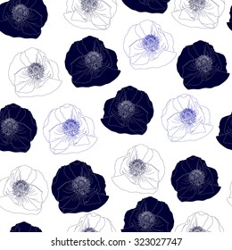 Seamless pattern with blue flowers on a white background. Hand drawn artwork for textiles, fabrics, souvenirs, packaging and greeting cards.