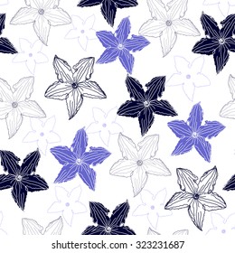 Seamless pattern with blue flowers on a white background. Hand drawn artwork for textiles, fabrics, souvenirs, packaging and greeting cards.