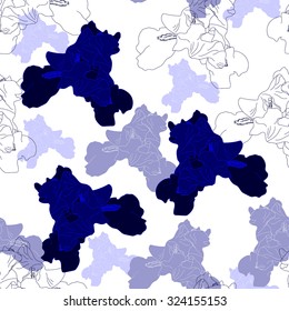 Seamless pattern with blue flowers on a white background. Hand drawn artwork for textiles, fabrics, souvenirs, packaging and greeting cards. Blossoming irises.