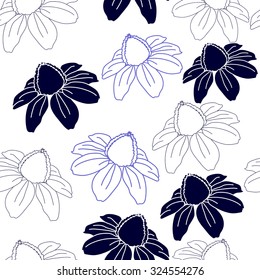 Seamless pattern with blue flowers on a white background. Hand drawn artwork for textiles, fabrics, souvenirs, packaging and greeting cards.