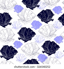 Seamless pattern with blue flowers on a white background. Hand drawn artwork for textiles, fabrics, souvenirs, packaging and greeting cards.