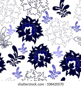 Seamless pattern with blue flowers on a white background