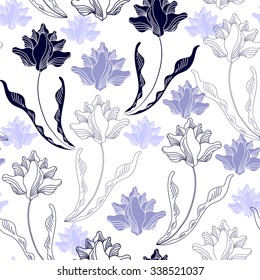 Seamless pattern with blue flowers on a white background