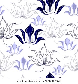 Seamless pattern with blue flowers on a white background