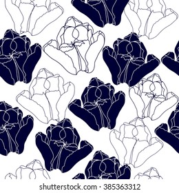 Seamless pattern with blue flowers on a white background