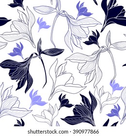 Seamless pattern with blue flowers on a white background