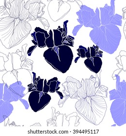 Seamless pattern with blue flowers on a white background