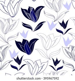 Seamless pattern with blue flowers on a white background