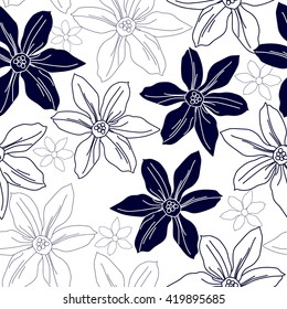 Seamless pattern with blue flowers on a white background. Hand drawn floral texture.