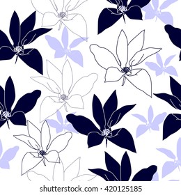 Seamless pattern with blue flowers on a white background. Hand drawn floral texture.
