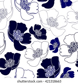Seamless pattern with blue flowers on a white background. Hand drawn floral texture.