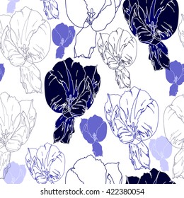 Seamless pattern with blue flowers on a white background. Hand drawn floral texture.