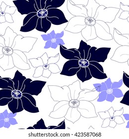Seamless pattern with blue flowers on a white background. Hand drawn floral texture.