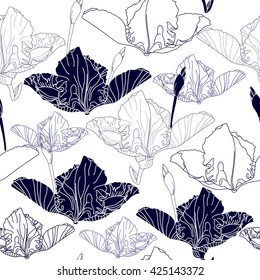 Seamless pattern with blue flowers on a white background. Hand drawn floral texture.